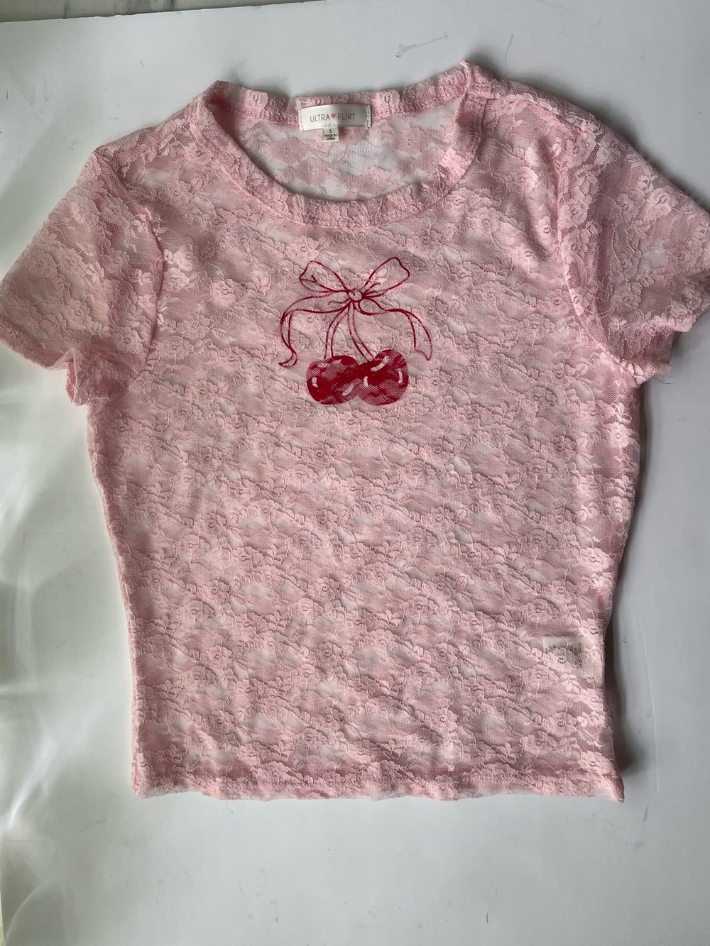 Ultra Flirt Pink Lace Tee with Red Cherry Motif